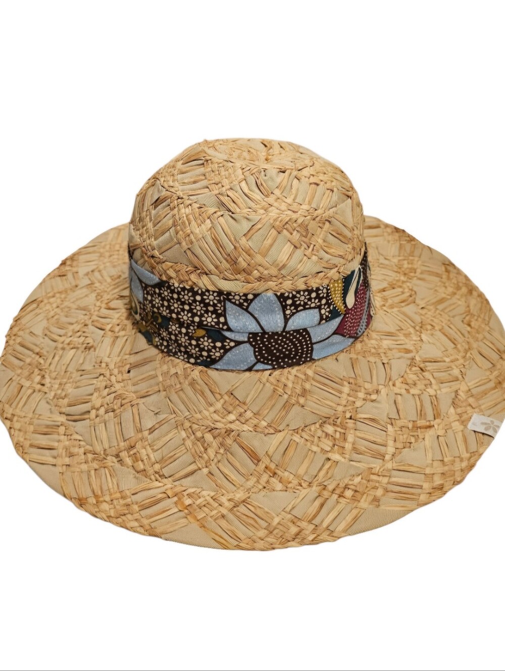 Wide-Brim Straw Sun Hat with Floral Band - Natural